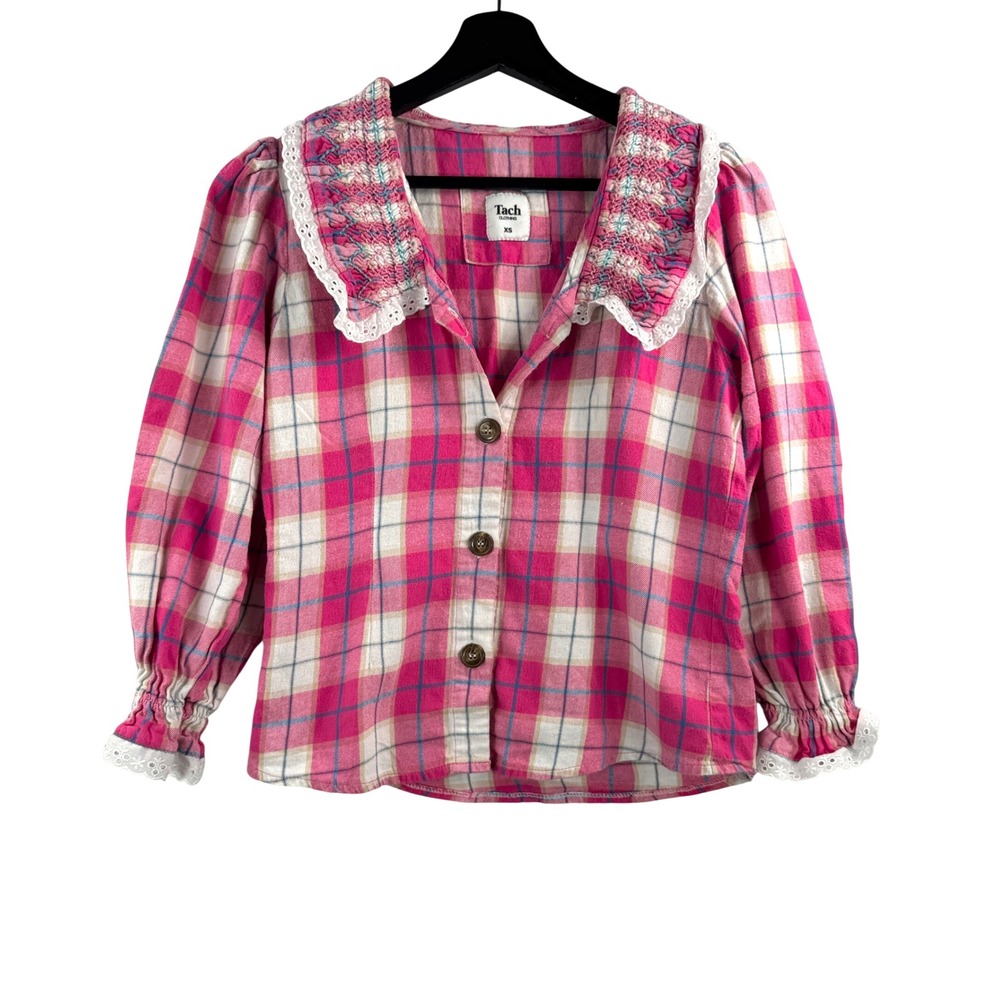 Tach Clothing‎ Button Down Blouse sz XS Pink Plaid Lace Flannel coquette